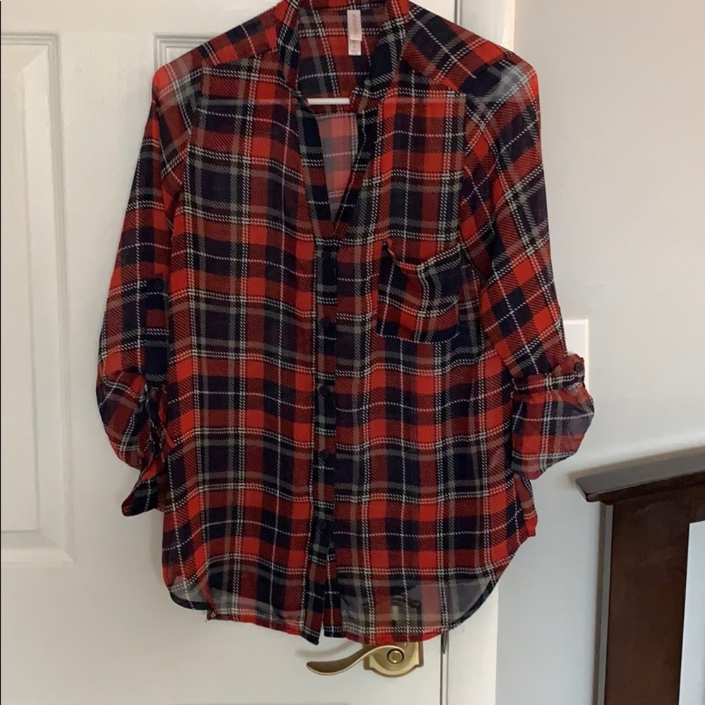 Sheer Camp Style Red and Blue Plaid Shirt